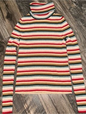 GAP 90’s Vibe Happy Striped Ribbed Turtleneck Sweater Cash Soft Women’s Small
